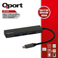QPORT Q-TU4 3port Type-C  USB 3.0 Kart Okuyucu Siyah USB Çoklayıcı Hub