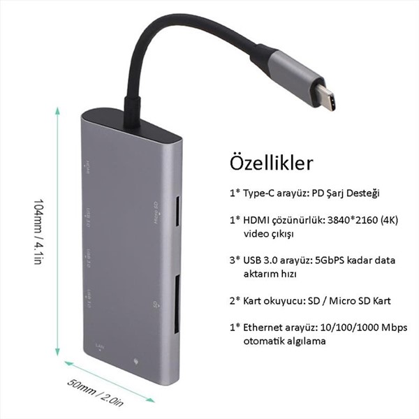 CODEGEN CDG-CNV40 3port Type-C  Ethernet,HDMI,Type-C Kart Okuyucu Gümüş USB Çoklayıcı Hub