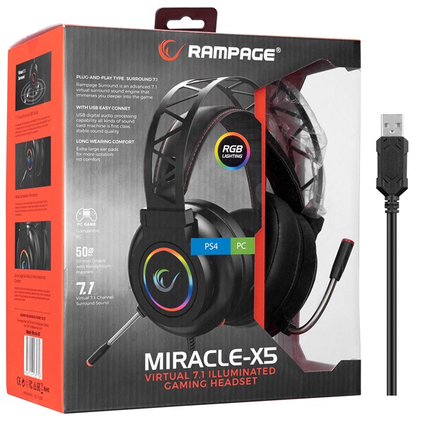 Rampage Miracle-X5 Siyah RGB Led 7.1 Surround Sound System Mikrofonlu Oyuncu Kulaklığı