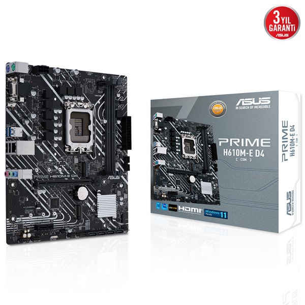 ASUS PRIME H610M-E/CSM D4 DDR4 M2 PCIe NVME HDMI DP PCIe 16X v4.0 1700p mATX Kurumsal Anakart