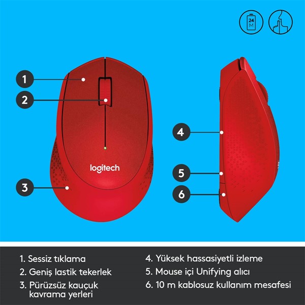 Logıtech M330 Sessiz Kablosuz Mouse-Kırmızı 910-004911