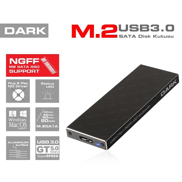 DARK M2 USB 3.0 DK-AC-DSEM2 NGFF Alüminyum Harddisk Kutusu Siyah
