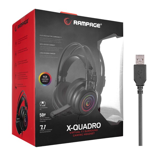 Rampage RM-K2 X-QUADRO Siyah USB 7.1 Version RGB Işık Efektli Oyuncu Mikrofonlu Kulaklık