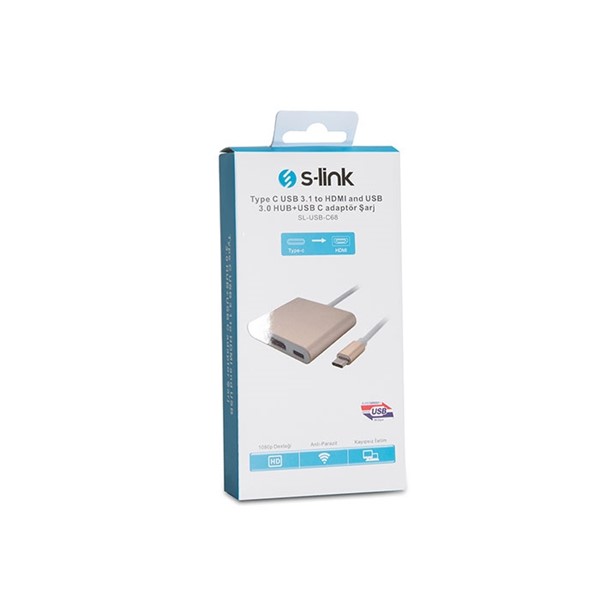S-LINK SL-USB-C68 0.15metre TYPE-C - HDMI_USB 3.0 Çevirici Adaptör Gold 4K