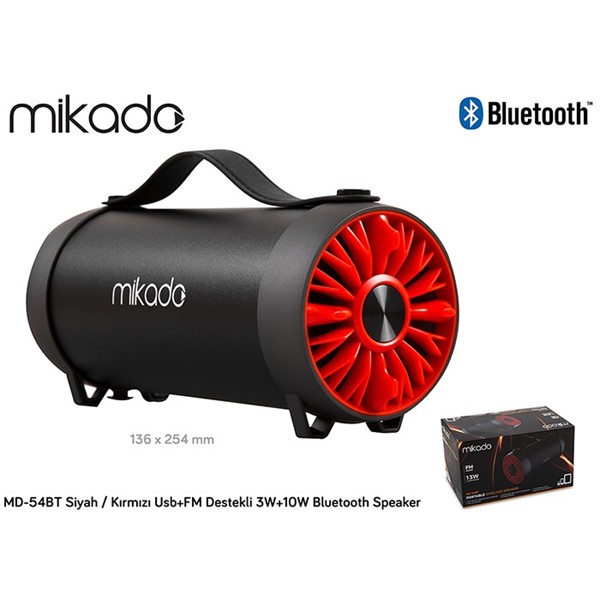 Mikado MD-54BT Gerçek 13W RMS USBSD Süper Bass Bazuka Gövdeli Siyah-Kırmızı Bluetooth Speake