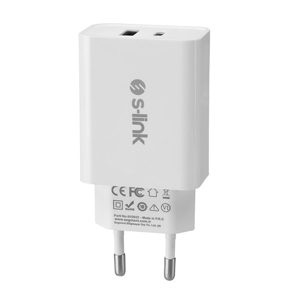 S-link SL-EC60 20W PD3.0/Quick Charge QC3.0 Type USB-C USB A Hızlı Beyaz Ev Şarj Adaptör