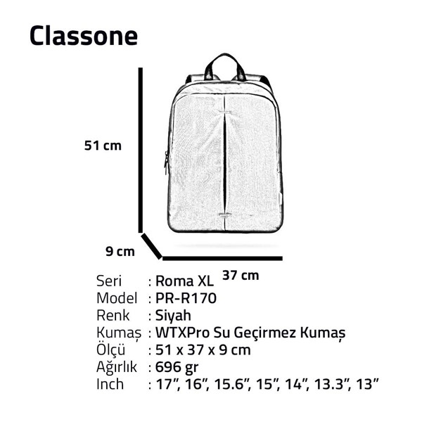 Classone 17  Roma Serisi PR-R170 Wtx Pro Su Geçirmez Kumaş Laptop Notebook