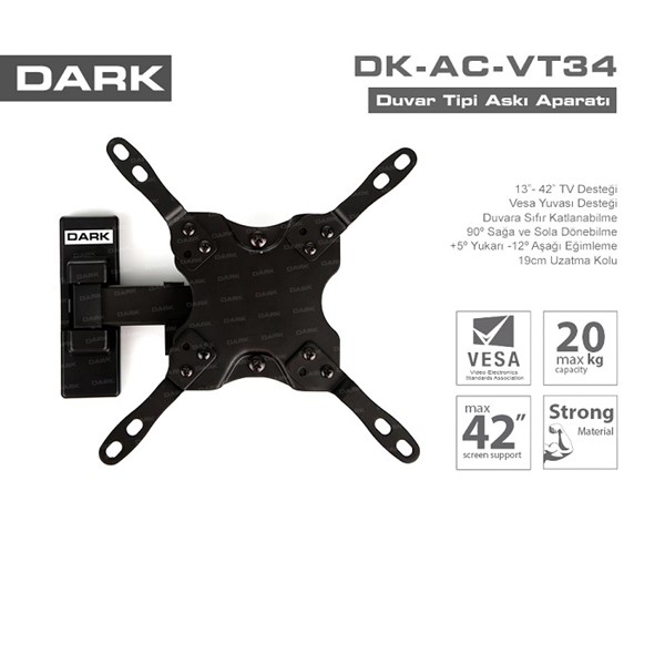 DARK 13/42 DK-AC-VT34 Hareketli Siyah 1 kollu Monitör,TV Askı Aparatı